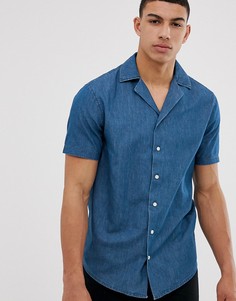 Приталенная рубашка из ткани шамбре с воротником в виде лацканов Solid - Синий