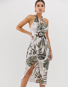 Атласное платье миди с пальмовым принтом и пряжкой ASOS DESIGN - Мульти