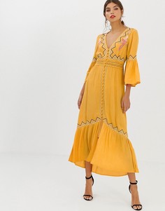Платье макси с кружевной вставкой и вышивкой ASOS DESIGN - Желтый