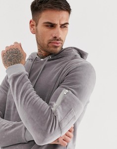Худи обтягивающего кроя из велюра с асимметричным краем и карманом 1 ASOS DESIGN - Серый