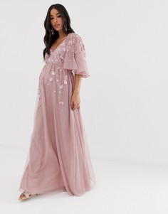 Сетчатое платье макси с рукавами клеш и вышивкой ASOS DESIGN Maternity - Розовый