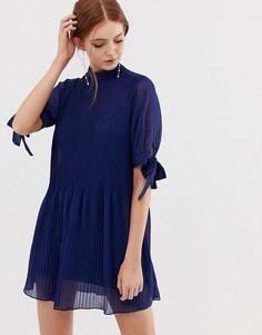 Плиссированное платье-трапеция мини с завязками на рукавах ASOS DESIGN - Темно-синий