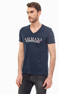 Синяя хлопковая футболка с треугольным вырезом Armani Exchange