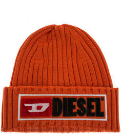 Полушерстяная шапка оранжевого цвета с декоративной нашивкой Diesel
