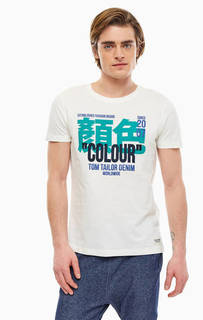 Хлопковая футболка молочного цвета с круглым вырезом Tom Tailor Denim