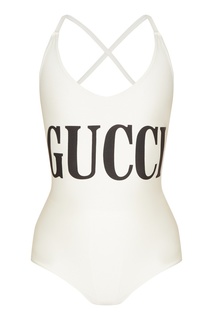 Белый купальник с черным логотипом Gucci