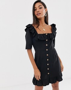 Платье мини на пуговицах с квадратным вырезом и оборками ASOS DESIGN - Черный