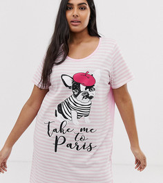 Розовая ночная рубашка большого размера в полоску с надписью Take Me to Paris Yours - Розовый