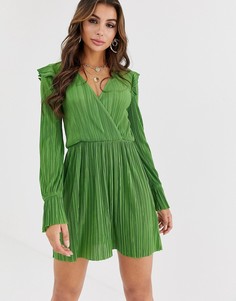 Плиссированное чайное платье мини с запахом ASOS DESIGN - Зеленый
