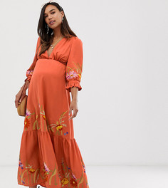 Платье макси с глубоким вырезом и вышивкой ASOS DESIGN Maternity - Розовый