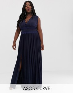 Плиссированное платье макси с кружевной вставкой ASOS DESIGN Curve Premium - Темно-синий