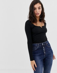 Черный топ с разрезом на вороте и длинными рукавами Stradivarius - Бежевый