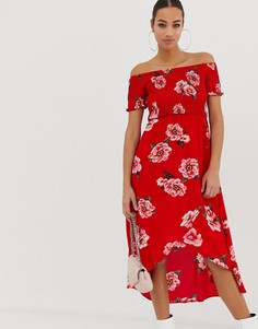 Платье миди с открытыми плечами и цветочным принтом AX Paris - Красный
