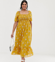 Платье миди с цветочным принтом, присборенным лифом и оборкой Lovedrobe - Желтый