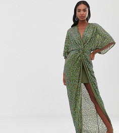 Платье-кимоно с узлом спереди и отделкой пайетками ASOS DESIGN Tall - Зеленый
