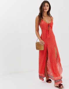 Пляжное платье макси с завязкой спереди и принтом Influence - Красный