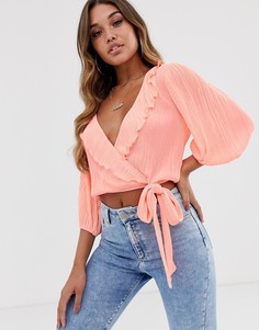Плиссированный топ с запахом, оборкой и завязкой сбоку ASOS DESIGN - Оранжевый