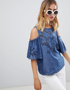 Блузка с открытыми плечами и вышивкой New Look - Синий
