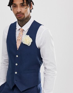 Однотонный приталенный жилет с добавлением льна Gianni Feraud Wedding - Темно-синий