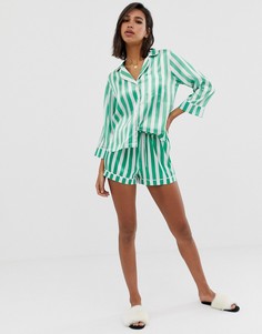 Атласный пижамный комплект с шортами в полоску ASOS DESIGN - Зеленый