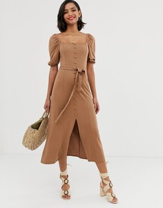 Платье миди на пуговицах с квадратным вырезом и поясом ASOS DESIGN - Бежевый