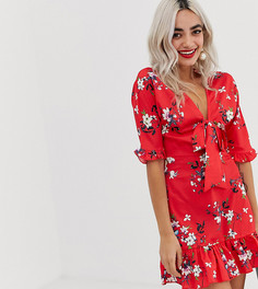 Красное короткое приталенное платье с цветочным принтом и завязкой Parisian Petite - Красный