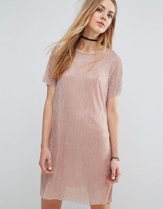 Платье-футболка с плиссировкой и отделкой с эффектом металлик Pull&Bear - Розовый