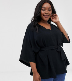 Фактурный oversize-топ с V-образным вырезом, поясом и рукавами 3/4 ASOS DESIGN Curve - Черный
