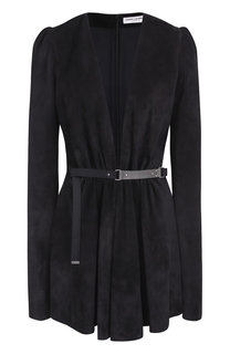 Замшевое мини-платье с глубоким V-образным вырезом и длинным рукавом Saint Laurent