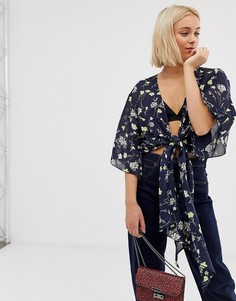 Темно-синий топ с цветочным принтом и завязкой QED London - Мульти