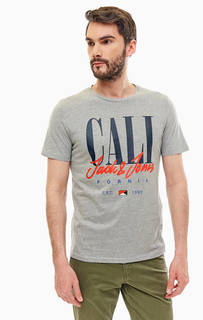 Серая футболка из хлопка с принтом Jack & Jones