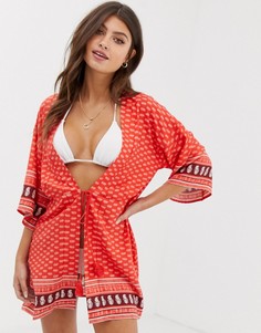 Пляжное кимоно с принтом и завязкой спереди Influence - Красный
