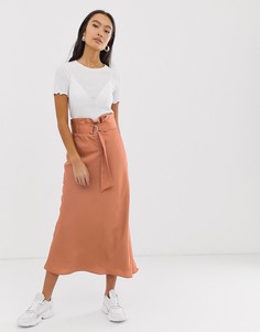 Атласная юбка миди с высокой талией и поясом ASOS DESIGN - Розовый