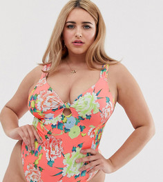 Слитный купальник с глубоким вырезом и неоновым цветочным принтом ASOS DESIGN curve - Мульти