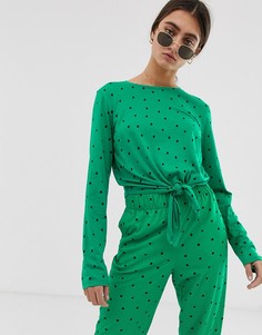 Зеленый лонгслив в горошек с завязкой Monki - Зеленый