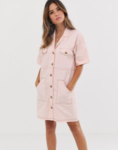 Платье-рубашка мини в стиле милитари с контрастными строчками ASOS DESIGN - Розовый