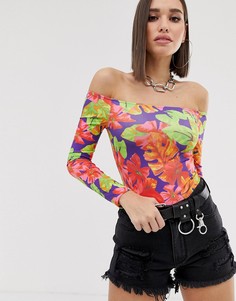 Боди с открытыми плечами и ярким принтом пальм ASOS DESIGN - Мульти