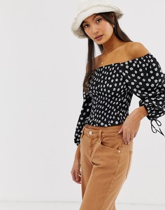 Топ со сборками и квадратным вырезом New Look - Черный