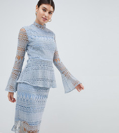 Кружевное платье миди с расклешенными рукавами PrettyLittleThing - Синий
