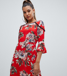 Красное платье с оборками на рукавах и цветочным принтом PrettyLittleThing - Красный