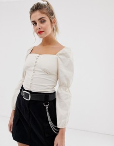 Бежевая блузка на пуговицах с квадратным вырезом Bershka - Бежевый