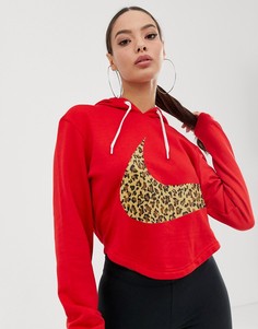 Красный укороченный oversize-худи с леопардовым логотипом-галочкой Nike - Красный