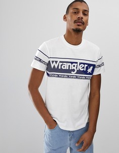 Бежевая/синяя футболка с крупным логотипом, полоской и круглым вырезом Wrangler - Белый