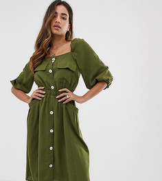 Платье миди цвета хаки с квадратным вырезом и пышными рукавами Boohoo - Зеленый