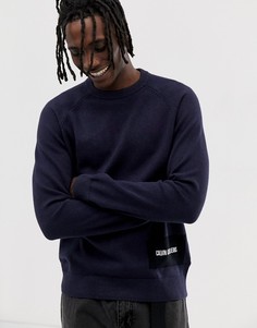 Джемпер из ткани с добавлением шерсти с круглым вырезом и логотипом Calvin Klein Jeans - Темно-синий