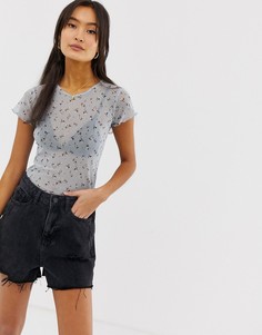 Футболка с оборками, сетчатым краем и цветочным принтом New Look - Зеленый