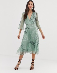 Платье миди с принтом листьев Liquorish - Зеленый