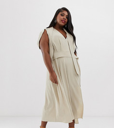 Фактурное платье макси с глубоким вырезом и рукавами-кейп ASOS DESIGN Curve - Бежевый