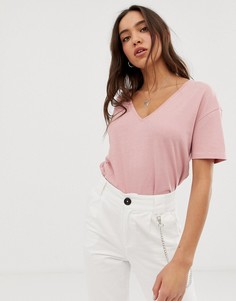 Розовая футболка с v-образным вырезом Stradivarius - Розовый