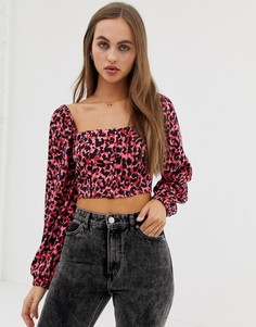 Розовая блузка с квадратным вырезом и леопардовым принтом Pull&Bear - Розовый